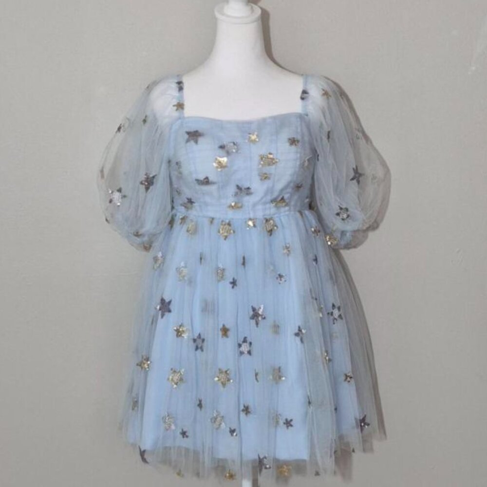 POMUYOO Blue Star‑Embellished Tulle Puffy Sleeve Corset‑Back Mini Dress Size 10